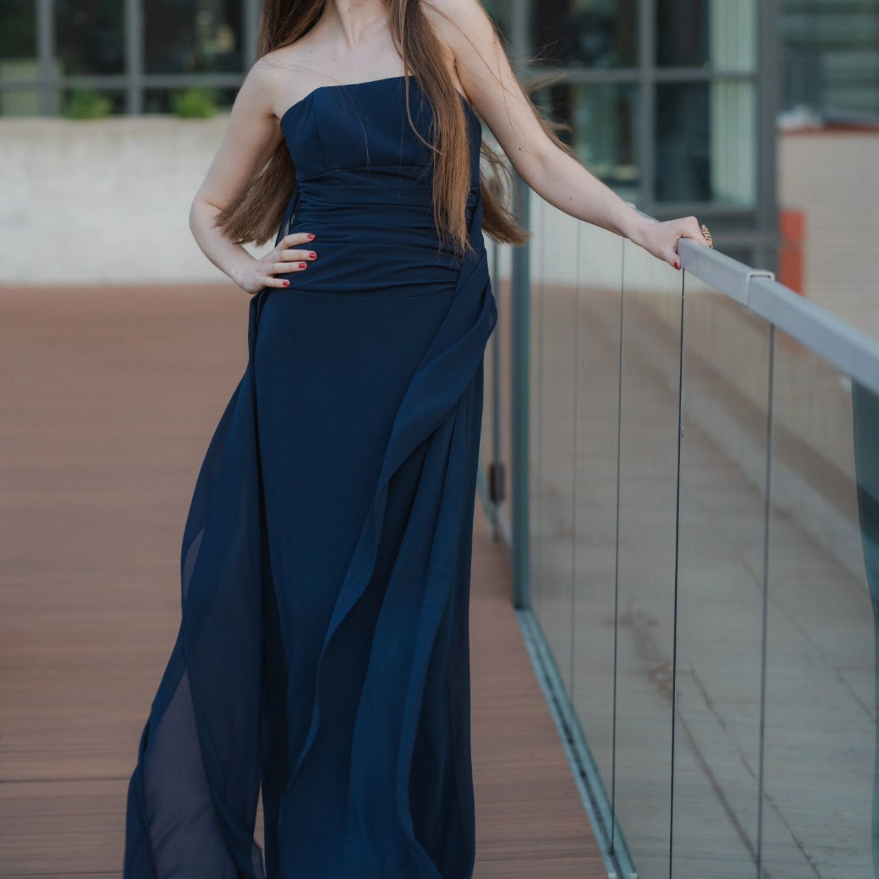 Elegant navy blue long dress on the model Daria