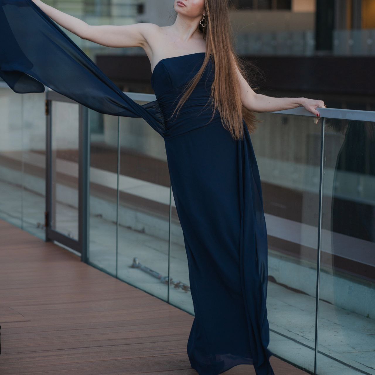 Elegant navy blue long dress on the model Daria